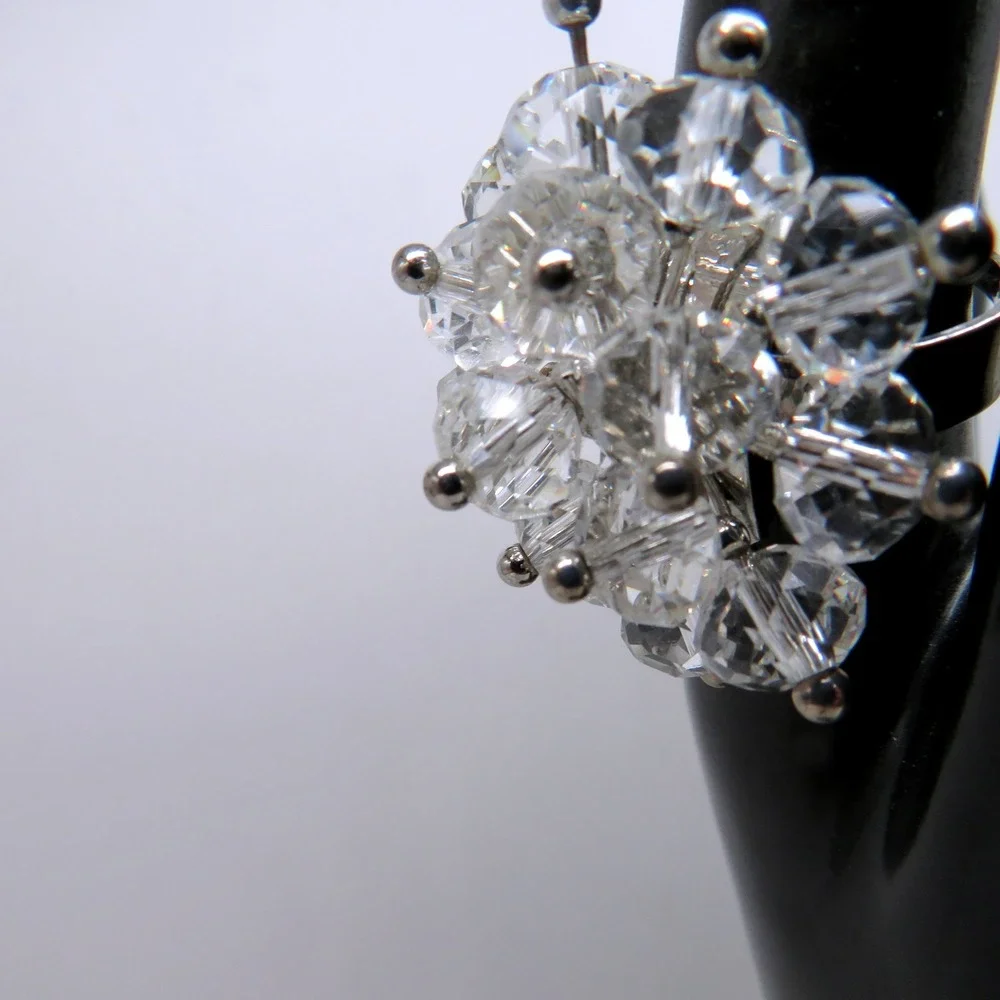 Vintage Style Clear Crystal Bead Cluster Cocktail Ring Silver Tone Size 6 Adj